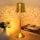 Gold Cordless Table Lamp, Touch Rechargeable Lamps for Nightstand Bedroom, Living Room, Portable Battery Operated Desk LED Lamp, 3 Color Dimmable, Flower Pattern Lampshades, for Patio, Dining
