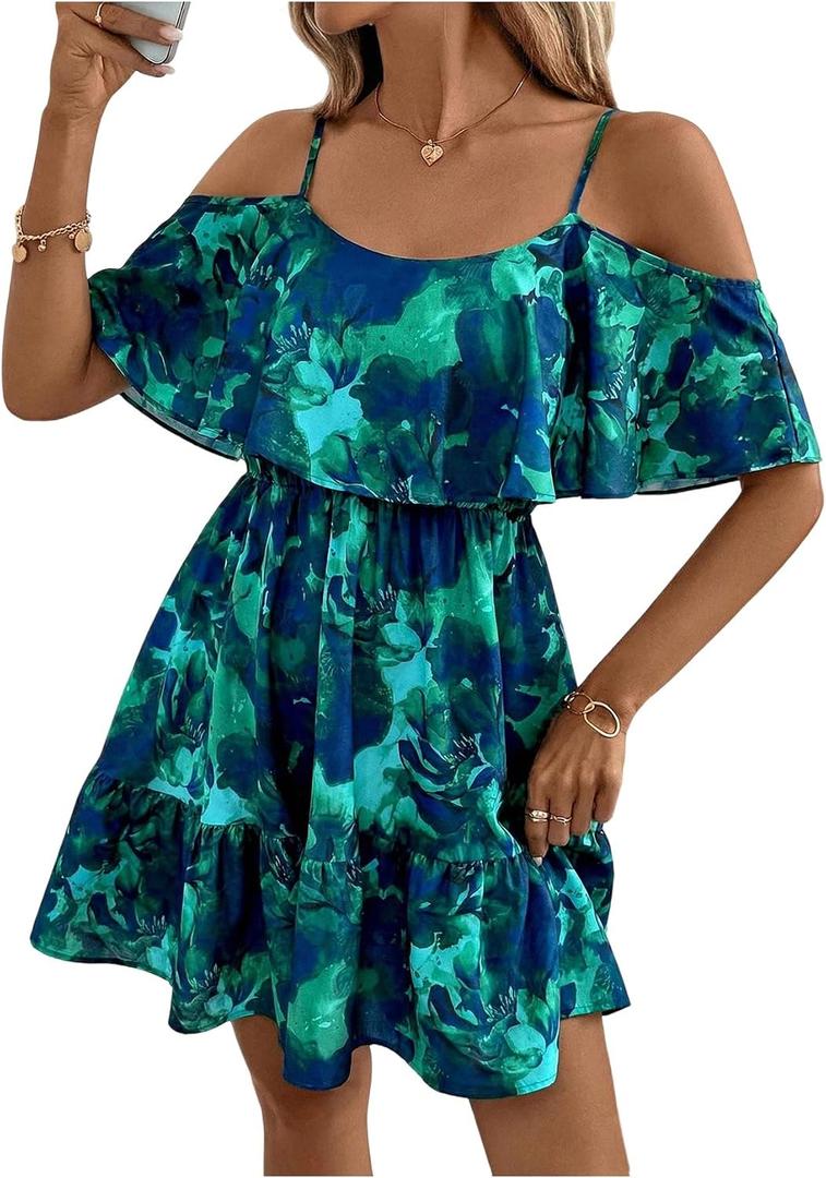 SOLY HUX Women's Summer Floral Mini Dress Cold Shoulder Ruffle Dresses (Green, L)