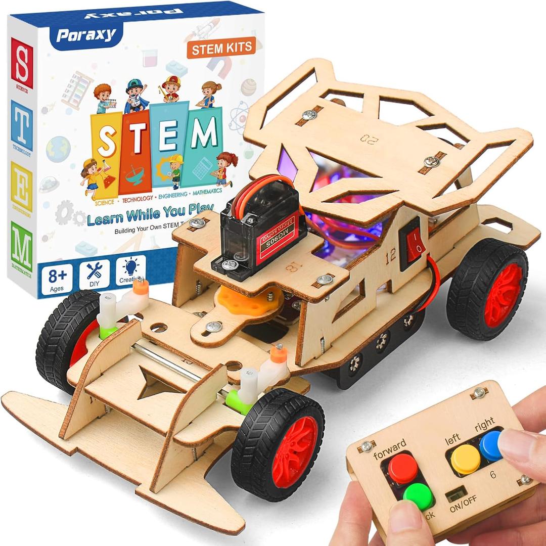 Poraxy STEM Kits for Kids 8-10, STEM Toys for Boys Ages 8-13, Remote Control Car, Wooden 3D Puzzles Science Kits 8-12 Projects Building Model, Birthday Gifts for 9 11 14 Year Old Teen Boys Girls