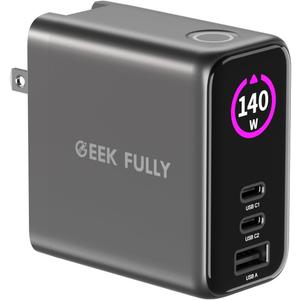 140W MAX USB C Charger | 3-Port Fast Charging Station (2xUSB-C PD3.1 + USB-A QC3.0) | Intuitive Touch Controls, for for MacBook, iPhone 17/16 Series, Samsung Galaxy, Pixel and More