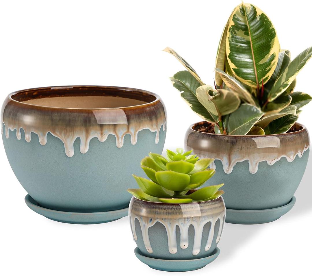 Lyellfe Set of 3 Ceramic Plant Pots, Planter Pot with Drain Hole and Connected Saucer, 7/5 / 4 Inch Decorative Flower Pots for Indoor Outdoor, Balcony, Office, Apple Shape