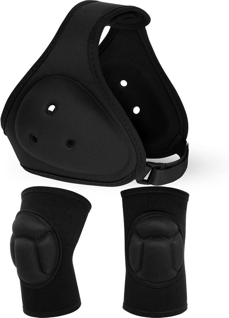 Viora White Wrestling Headgear Knee Pads Set for Kids Youth, Thick Sponge Anti Slip Knee Sleeve, Adjustable Wrestling Ear Guard Protective for Sparring Brazilian Jiu Jitsu Training, 3