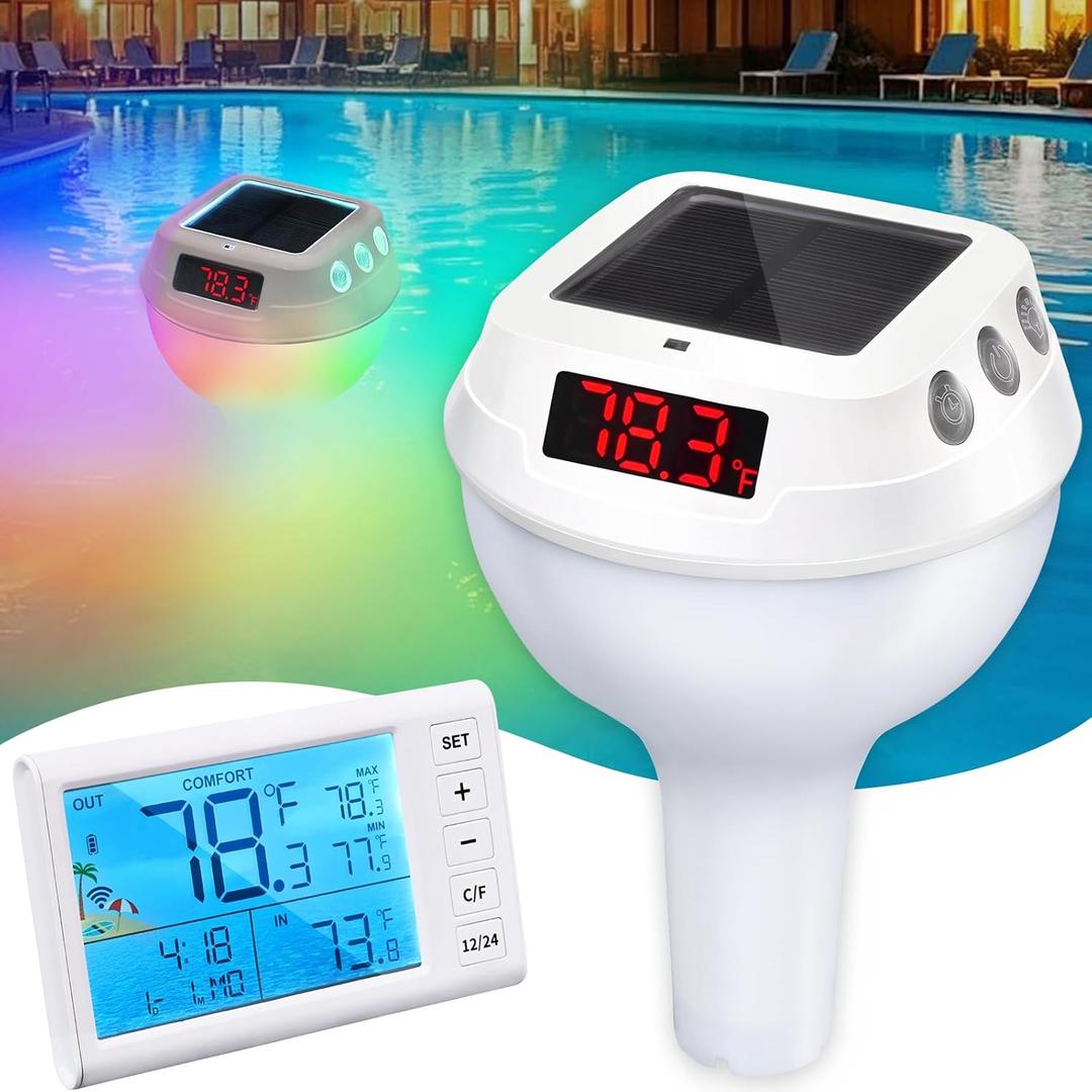 Likiyol 2025 Upgraded Wireless Pool Thermometer Floating Easy Read with Light Show & 330 FT Remote Indoor Monitor, Solar Digital Pool Thermometer IP68 Waterproof for Pools Ponds Hot Tubs
