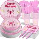 168 PCS Pink Cartoon Happy Birthday Party Decorations Set - Pink Cartoon Theme Plates Napkins Disposable Paper Cups Tableware Set Birthday Party Supplies for Boys Girls