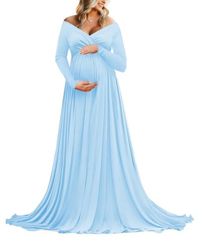 Saslax Maternity Off Shoulders Long Sleeve Half Circle Gown for Baby Shower Photo Props Dress Light Blue 59 Large