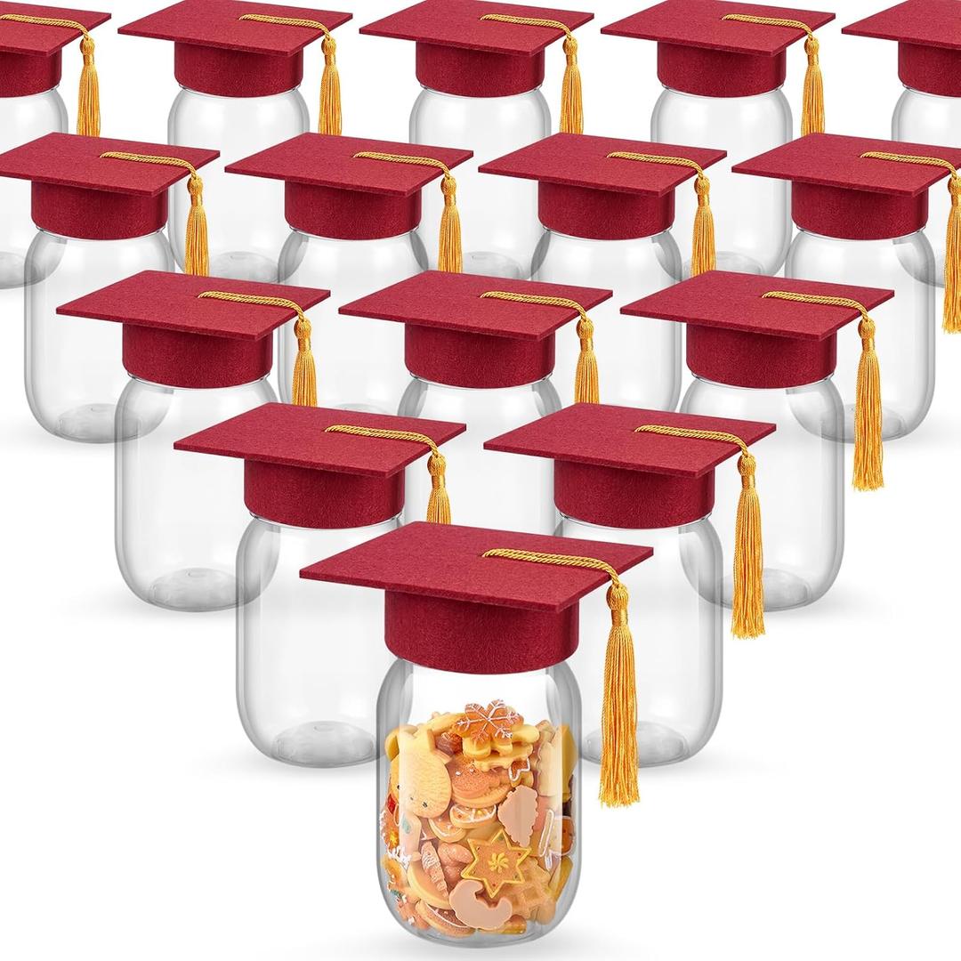 Amyhill 16 Sets Graduation Cap Candy Jar 12 oz Plastic Mason Jars Candy Containers for Class of 2026 Table Centerpieces Graduation Party Favors (Red)