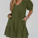 Acelitt Women's Summer Dresses 2026 Beach Casual Deep V Neck Loose Sundress Short Sleeve Mini Dress (Green, S)