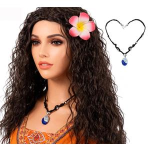 Women Adventure Princess Wigs for Halloween Long Dark Brown Curly Wig with Plumeria Flower Necklace Party Wigs (one size, Type 1)