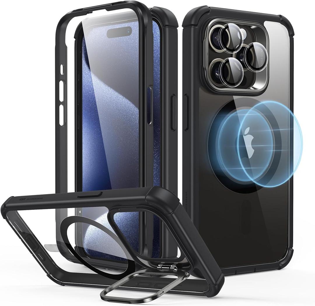 ESR for iPhone 14 Pro Max Case with Stand, Compatible with MagSafe, Full-Body Military-Grade Drop Proof Case with Built-in 9H+ Tempered Glass Screen Protector, Armor Series, Clear Black