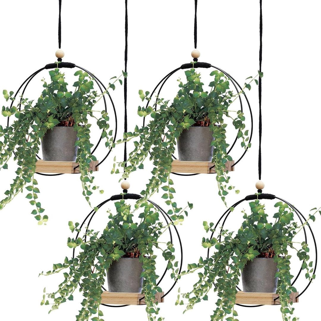 Geelin 4 Pack Plant Hanger with Wood Base Hanging Window Planter Boho Macrame Hanging Potted Plant Holders for Indoor Outdoor Window Wall Ceiling Home Decoration, Pot & Sapling Not Included (Khaki)
