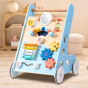 Wooden Baby Walker Push and Pull Learning Activity Walker for Boys and Girls, Montessori Inspired Interaction for 1 Year Old Baby Activity Center, Blue