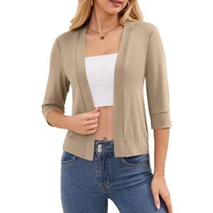 DouBCQ Shrugs for Women 3/4 Sleeve Cropped Cardigan Open Front Lightweight Bolero (Beige, XXL)