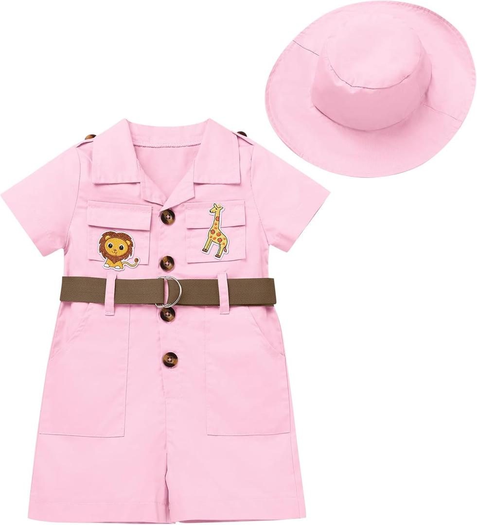 ABAFIP Baby Girl Toddler Boy Safari Birthday Outfit Short Sleeve One Piece Romper Jumpsuit with Belt Hat 6-12 M