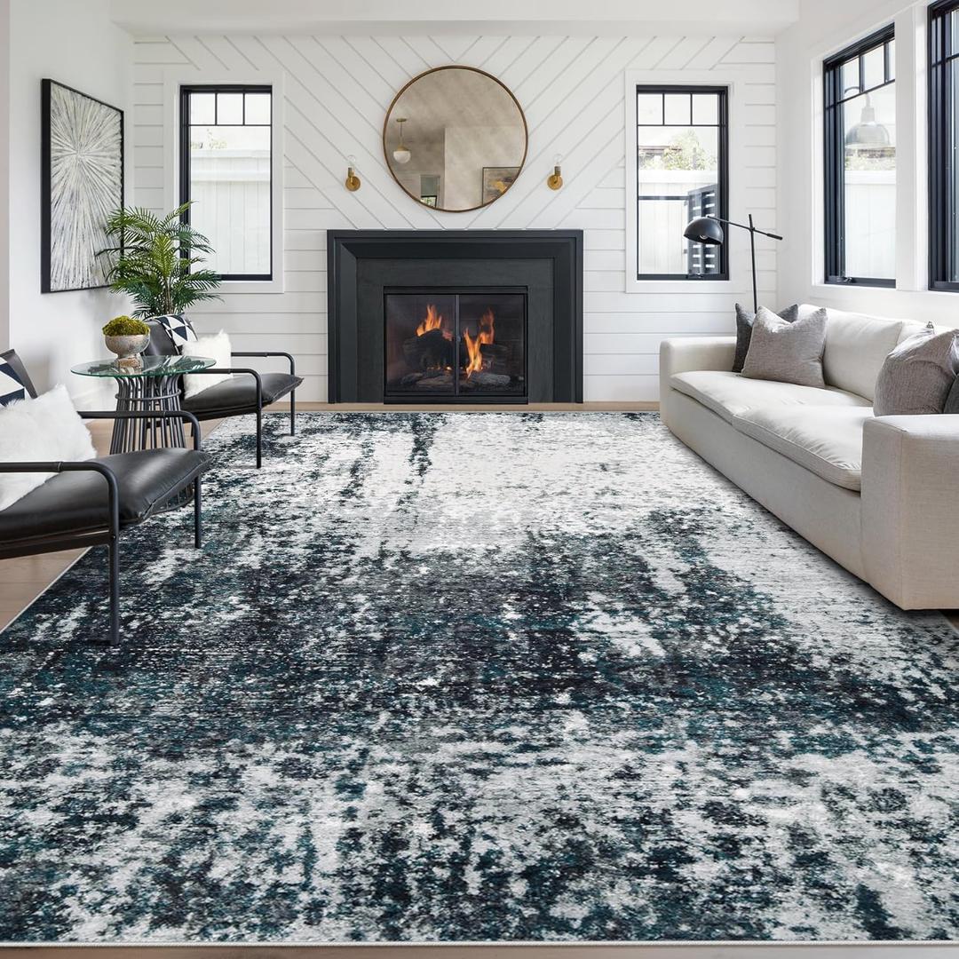 9x12 Area Rugs Washable Rug, Soft Modern Abstract Rugs for Living Room Large Low Pile Thin Rug Non Slip Indoor Neutral Carpet for Bedroom Dining Room Farmhouse Office Kids Playroom Black Grey Blue