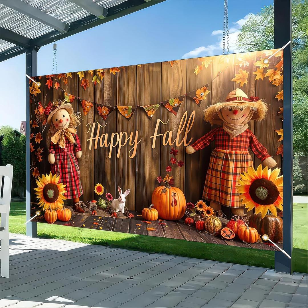 Happy Fall Banner Autumn Thanksgiving Backdrop Banner 71x43 Inchs Scarecrow Outdoor Party Decorations Pumpkin Fall Maple Leaves Farm Harvest Banners