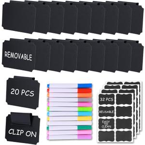 20 Pieces Basket Labels Clip On Set for Storage Bins Kitchen Pantry Basket Box Cube Laundry Organization, with 32 Pieces Removable Chalkboard Tag Stickers and 12 Pieces Chalk Marker