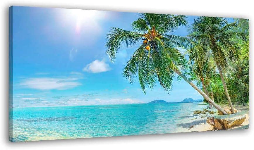 RUISHI Canvas Wall Art for Living Room Tropical Palm Tree Summer Artwork Blue Sky Ocean Themed Coconut Trees Seascape Painting Nature Scenery Picture for Bedroom Bathroom Home Office Decor 40L x 20W