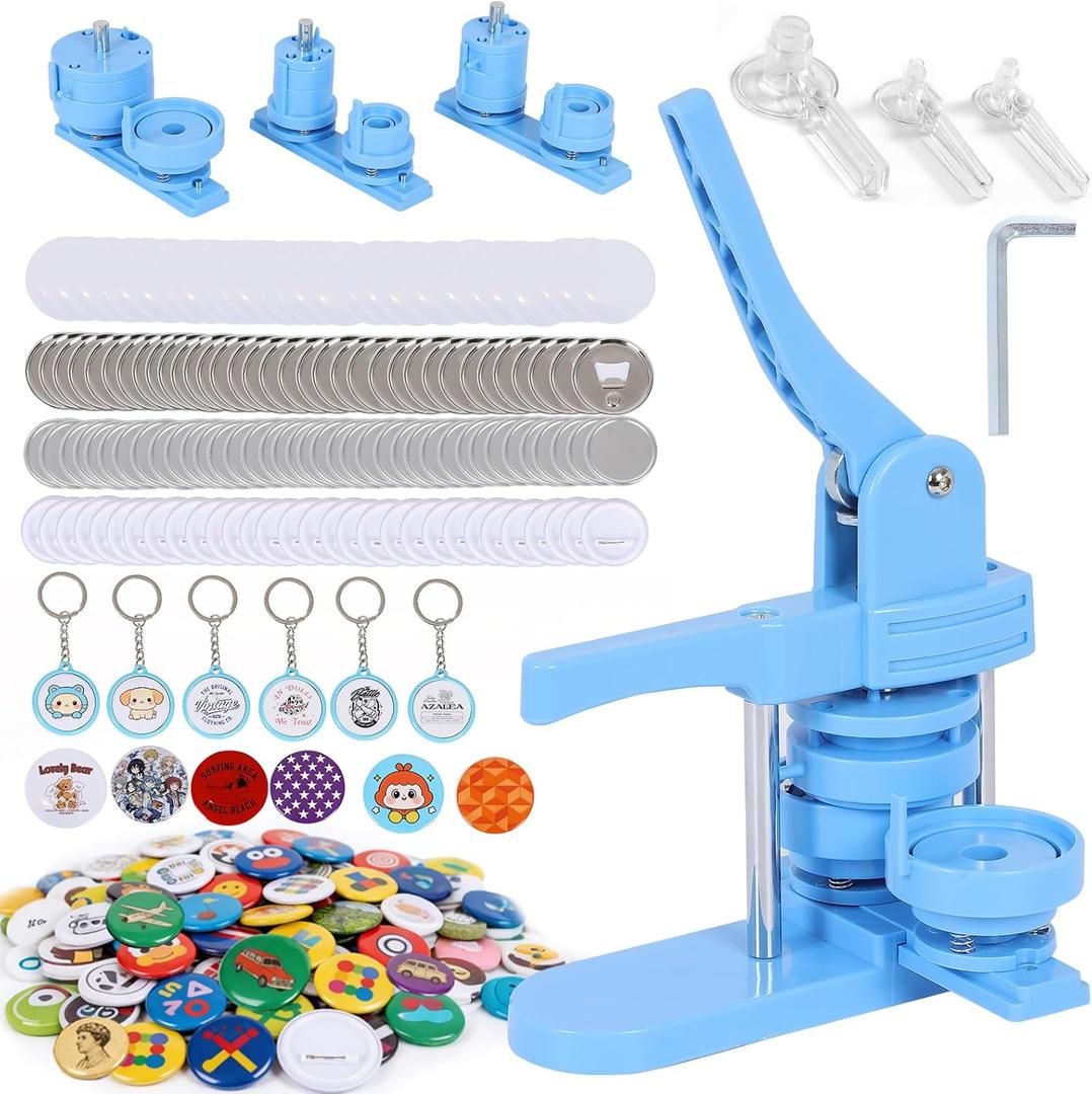 Button Maker Machine, Molds in 3 Sizes: 2.28, 1.25, and 1, 500 Buttons, 15 Fridge Magnets, 15 Bottle Openers, 15 Keychain, Pin Maker Machine Kit DIY, Circular Cutter in 3 Sizes
