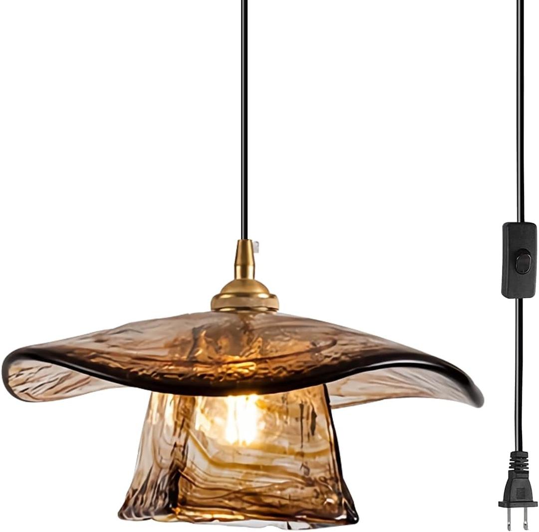 Amber Glass Pendant Light Fixture Plug-in Design Lighting Shade, Brown + Wide Volume