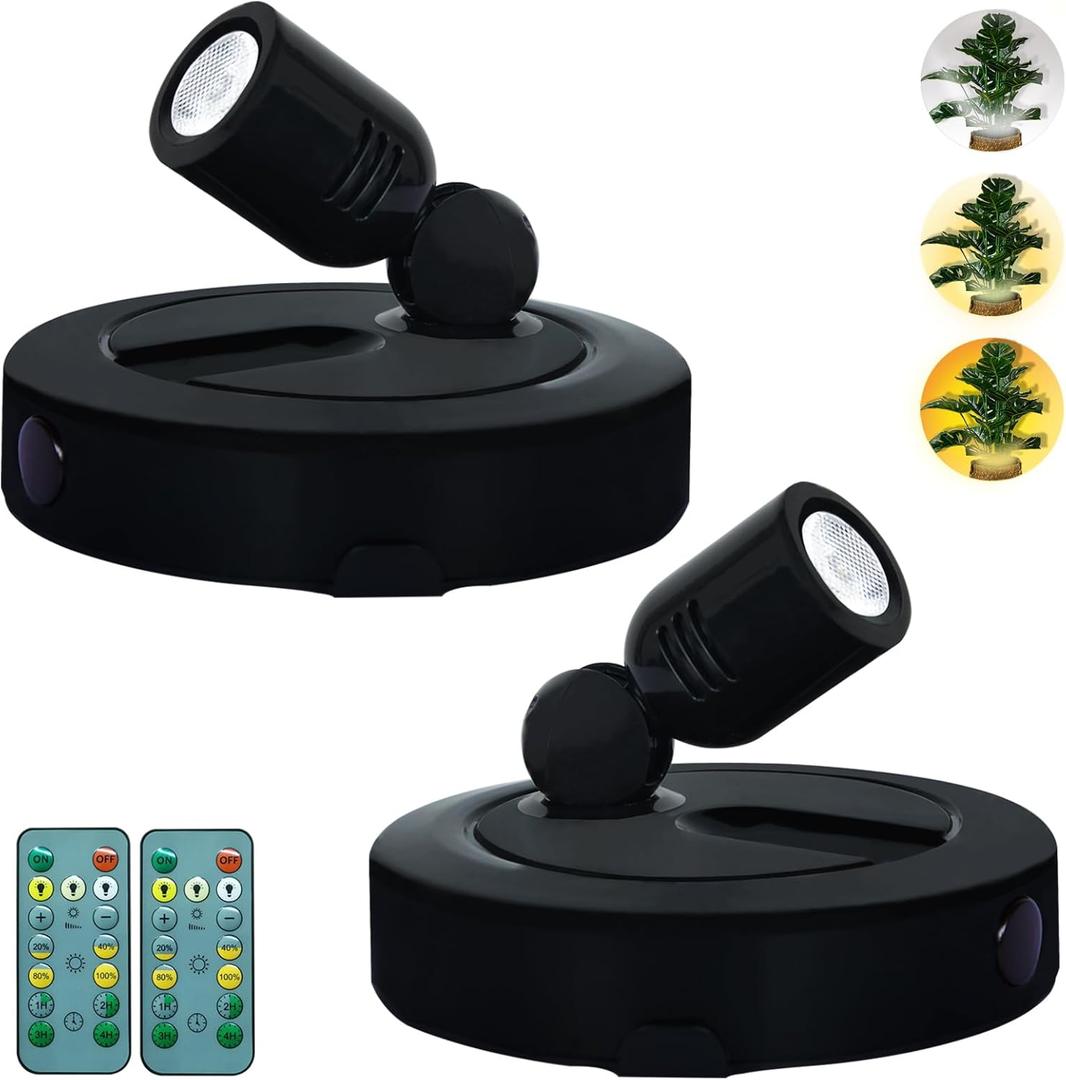 Battery LED Spotlight, 3 Lighting Modes Indoor Spotlights, Battery Powered Picture Lights with Remote, Up Lighting for Plants Trees, Timer Dimmable Display Light for Wall Art Painting-Black