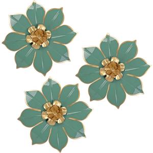 Metal Flowers Wall Decor Set of 3, Green & Gold 3D Floral Metal Wall Art Decor for Inoor & Outdoor Use, Vintage & Modern Walls Arts for Bathroom, Living Room, Bedroom, Garden, Patio, Porch, Office,10"