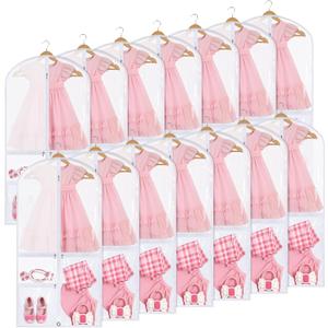Geelin 14 Pcs Garment Bags for Dance Costumes PVC Clear with Zippers 20 x 40 Inch Garment Bag with Pockets Dance Costume Organizer Carrier for Storage Cover for Adult (White)