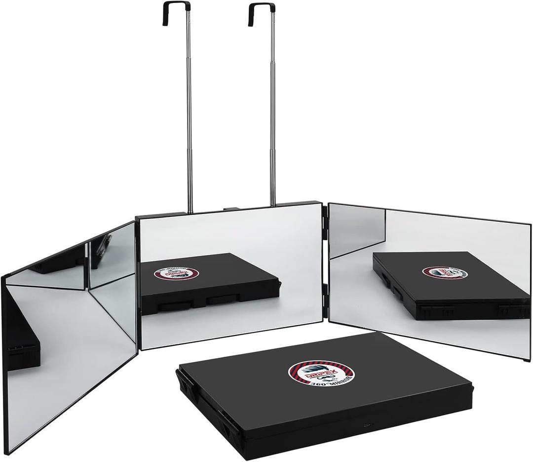 Dripex 3 Way Mirror for Men or Women, 360 Trifold Self Haircut Mirror with Height Adjustable Hooks, for Makeup, Styling, Shaving, Braiding, Dye Hair (Black Without Led)