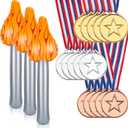 Zomiboo 18 Pieces Kids Winner Award Medals Sets 15 Pcs Gold Silver Bronze Plastic Medals for Awards 3 Pcs Inflatable Torch Prop for Winner Medieval Themed Party Sports Competitions