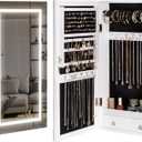 LAVIEVERT Jewelry Armoire with LED Lighted Mirror, Wall/Door Mounted Frameless Mirror with 3 Color Lights, Lockable Jewelry Cabinet Hanging Jewelry Organizer with 2 Drawers - White