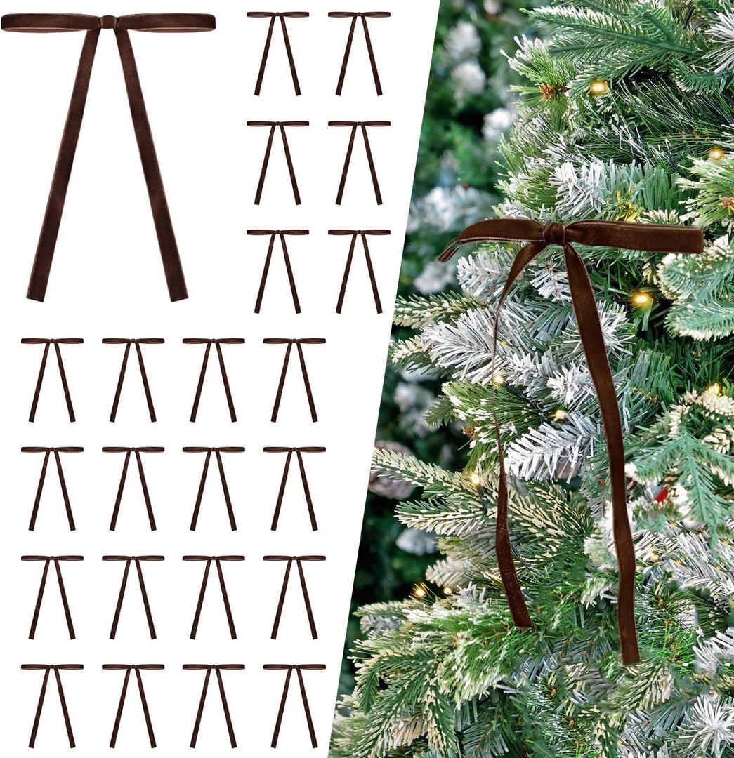 24 Pcs Deep Brown Velvet Bows Ornaments for Christmas Tree, Vintage Rustic Velvet Christmas Bows Tree Decorations, Indoor Home Decor for Wreath Mantle Gift Wrap Holiday Decor, 3/8'' W, 5 * 7 inch