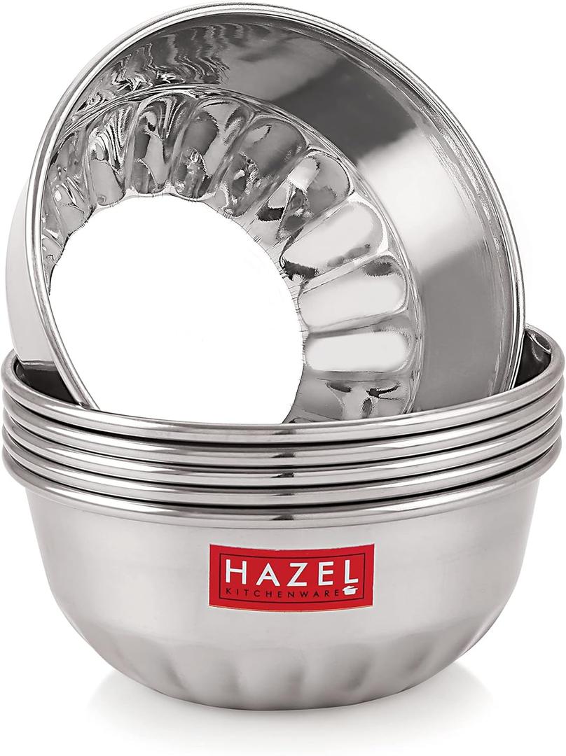 Hazel Stainless Steel Serving Bowls Set of 6 | Mirror Finish Katori for Snacks, Desserts & Curry | Durable & Rust-Resistant | Indian Tableware for Dining & Kitchen | Dishwasher Safe | 10 oz Each