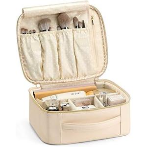 Vlando Makeup Bag,Gifts for Women Travel Makeup Bag Organizer Leather Make up Storage Bag for Women Adjustable Dividers Make up Brushes Case for Valentine's Day Birthday-white