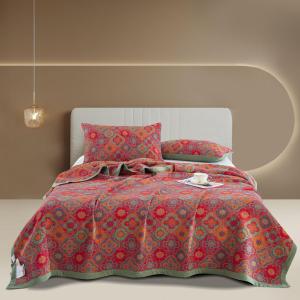 100% Cotton Muslin Blanket Jacquard Rustic Red Vintage Floral Paisley Quilt, Soft Bed Cover 3 Layers Lightweight Breathable Gauzy Reversible Bedspread Coverlet, Twin(59"x94"), No Pillow Sham