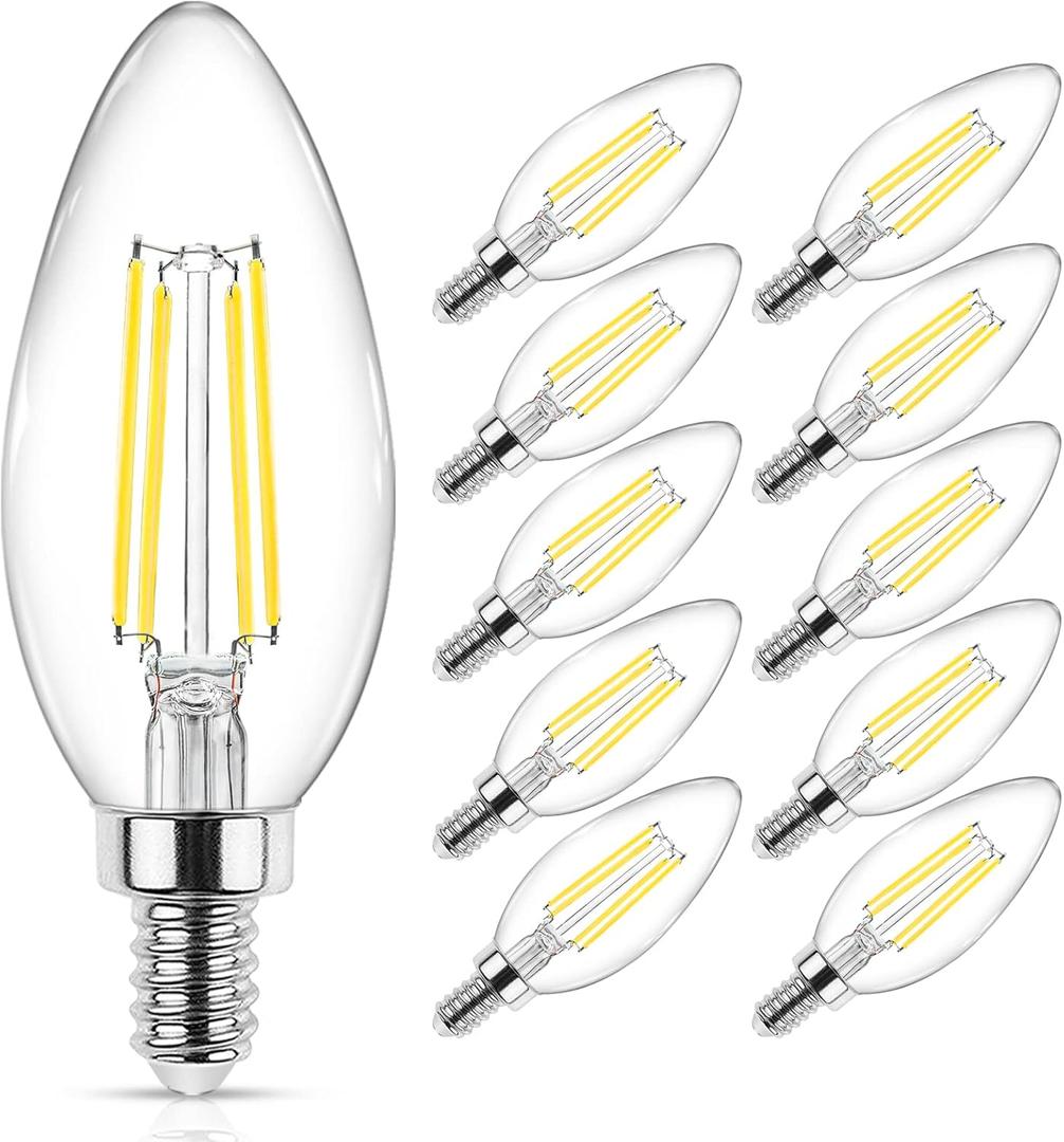 Ascher E12 Candelabra LED Light Bulbs 60 Watt Equivalent, Daylight White 5000K, Non-Dimmable, 550 Lumen, Clear LED Filament Candle Bulbs, Pack of 10