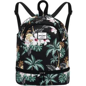 Dry Wet Drawstring Backpack with Shoe Compartment for Women Adjustable Gym Bag (Coconut Palm)