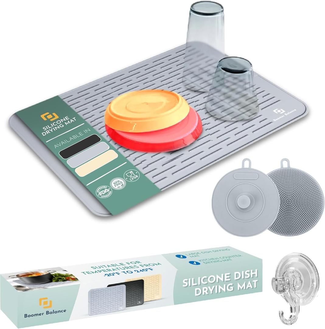 Large Silicone Dish Drying Mat 24 x 30 , XXL Dish Drying Mat , Silicone Drying Mat for Kitchen Counter , Under the Sink Mat Waterproof , Non Slip Design , Quick Dry , 100% BPA Free , Gray (Gray)