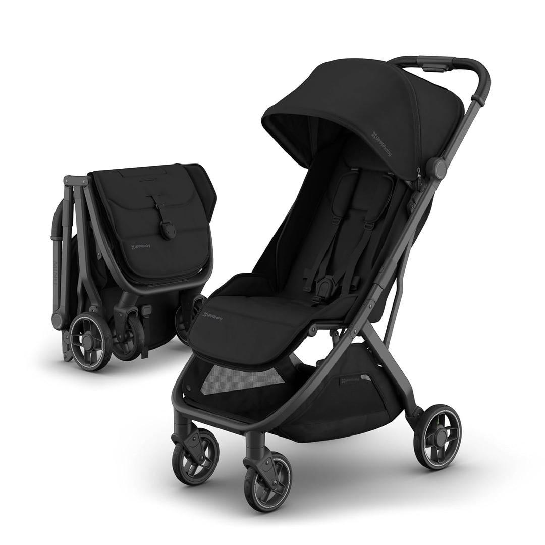 UPPAbaby Minu V3 Travel Stroller - Lightweight + Compact Design - One-Hand Fold + Unfold - from Birth + Overhead Compatible - James (Black/Carbon Frame/Black Leather)