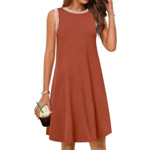 MEROKEETY Womens Casual Summer Sun Dress 2026 Spring Beach Vacation Crewneck Sleeveless Tank Cruise Shift Swing Sundress (Medium, Caramel)