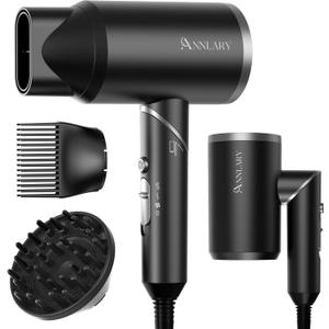 Hair Dryer with Comb | 1800W Blow Dryer with Diffuser for Curly Hair | Plasma Ionic Hairdryer for Frizz Control | Foldable & Protable Design for Travel | 6.5 ft ALCI Cord (Black)