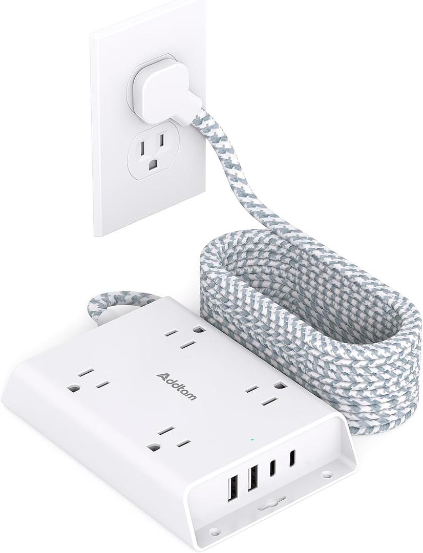Surge Protector Power Strip 10 ft, Addtam Flat Plug Extension Cord with 4 USB Wall Charger(2 USB C Port), 4 Widely Outlets Desk Charging Station, Home Office and College Dorm Room Essentials (White)