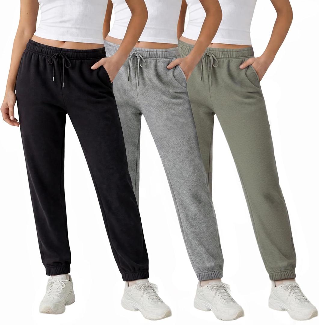 Common Stitch 3 Pack Fleece Elastic Cuff Joggers for Women  Deep Pockets, Tapered Fit, Elastic Drawstring Waist (Large, Black / Med. Heather Grey / Olive)