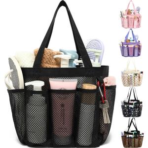 Fammart Mesh Shower Caddy Portable for College Dorm Room Essentials, 8-Pocket Large Shower Basket Tote Bag with 2 Handles for Toiletry, Bathroom, Beach, Camp, Gym (Multiple Pockets - Black)