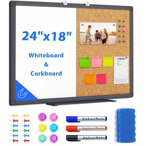 maxtek Combination White Board & Bulletin Cork Board 24 x 18 Whiteboard Magnetic, Combo Dry Erase Board with Black Aluminum Frame, 2' x 1.5' Hanging Message Board Wall Mounted for Homeschool Office