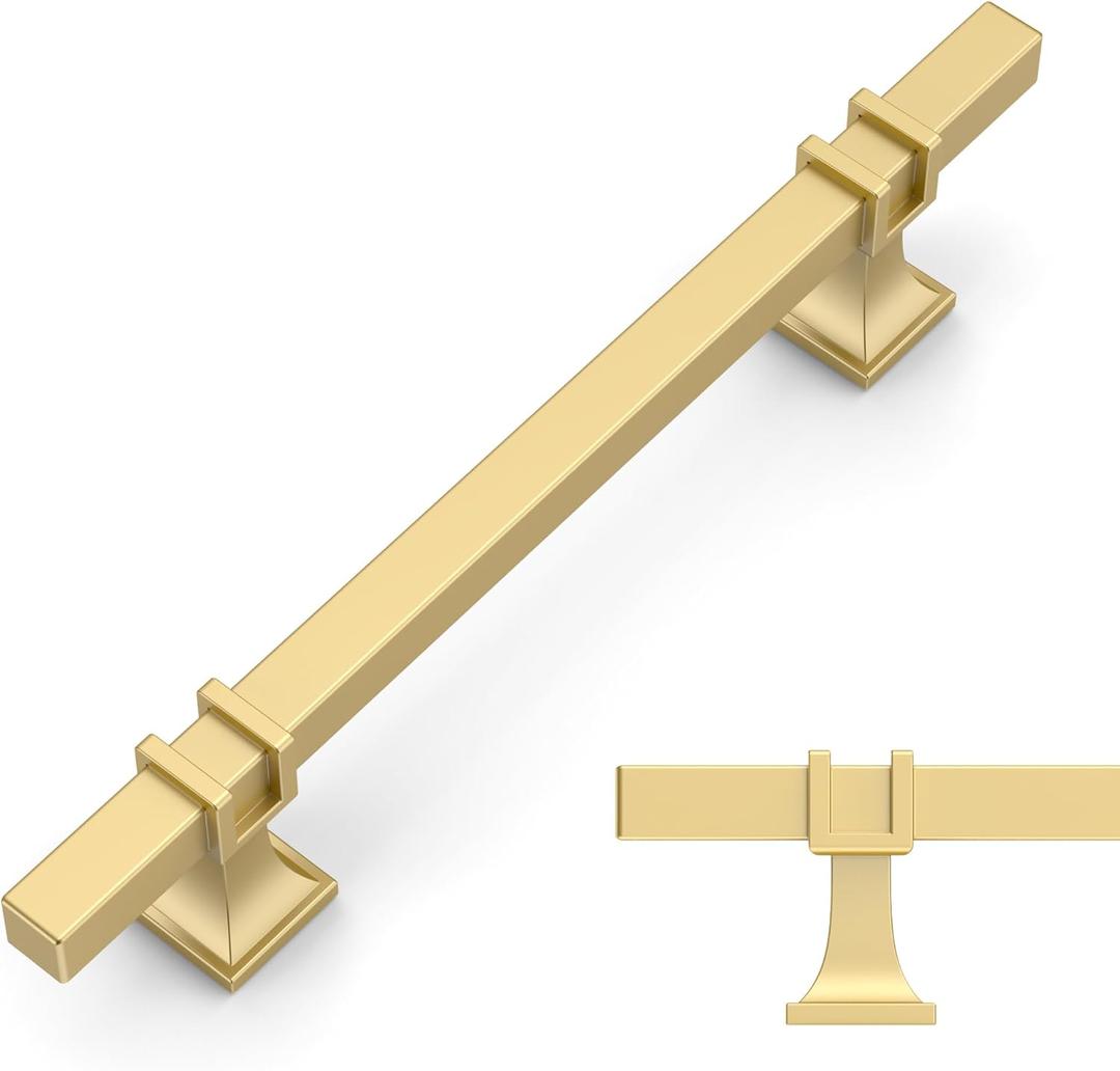 Amerdeco 10 Pack Brushed Gold Cabinet Pulls 5 Inch(128mm) Hole Center Drawer Pulls Cabinet Hardware Kitchen Cabinet Handles for Bathroom Dresser Pulls ZH0067