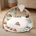 Blissful Diary Baby Play Gym & Activity Mat, 5 Developmental Zones Wooden Tummy Time Mat with 5 Detachable Sensory Toys for Motor Skills & Sensory Development, Baby Essentials Shower Gift (Gray Round)