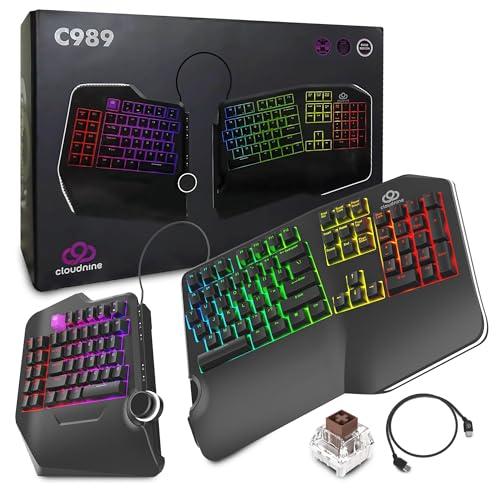 Cloud Nine C989M Ergonomic Mechanical Keyboard for PC - Kailh Tactile Brown Switches - RGB Light Up LED Backlit with USB - Ergo Split Key Board with Macro