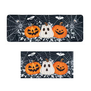 Halloween Kitchen Rugs Set of 2,Black Pumpkin Spider Web Kitchen Mats for Floor, Halloween Non-Slip Washable Sink Mats Home Decor Doormat+Runner Rug