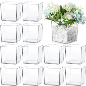 Tioncy 4'' x 4'' 12 Pcs Cube Clear Flower Vase Acrylic Flower Vase Square Acrylic Container Cube Decorative Centerpiece for Plant Wedding Home Office Floral Decor