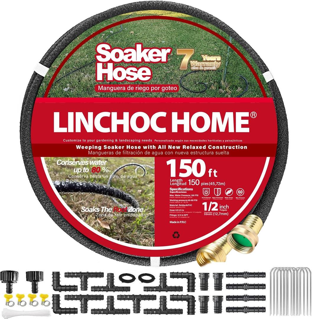 Soaker Hose 150FT 1/2 Inch with Solid Brass Connectors & Garden Stakes Kit, Flexible Leakproof Irrigation System for Garden, Lawn & Landscape