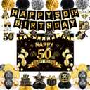 50th Birthday Decorations, Pre-Strung Happy Birthday Banner with Balloons, Backdrop, Honeycomb Centerpieces, Hanging Swirl Streamers, Black Gold Happy Birthday Party Decorations for Men Women
